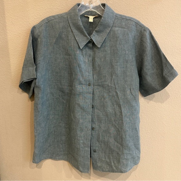 Eileen Fisher | XS | Blue dusty blue 100% linen button down top shirt sleeve - Picture 1 of 6